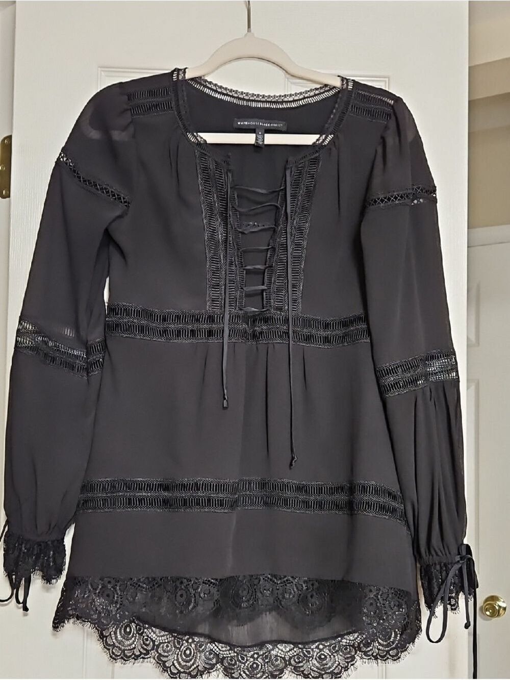 White House Black Market Black Crochet-Trim Top Size 0